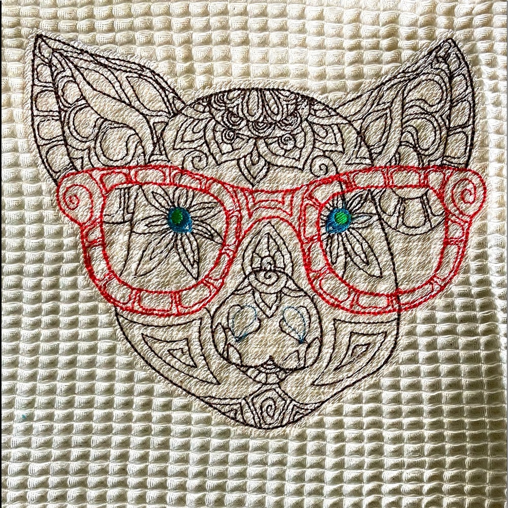 New handmade Embroidered kitchen towel with a barbecue border.